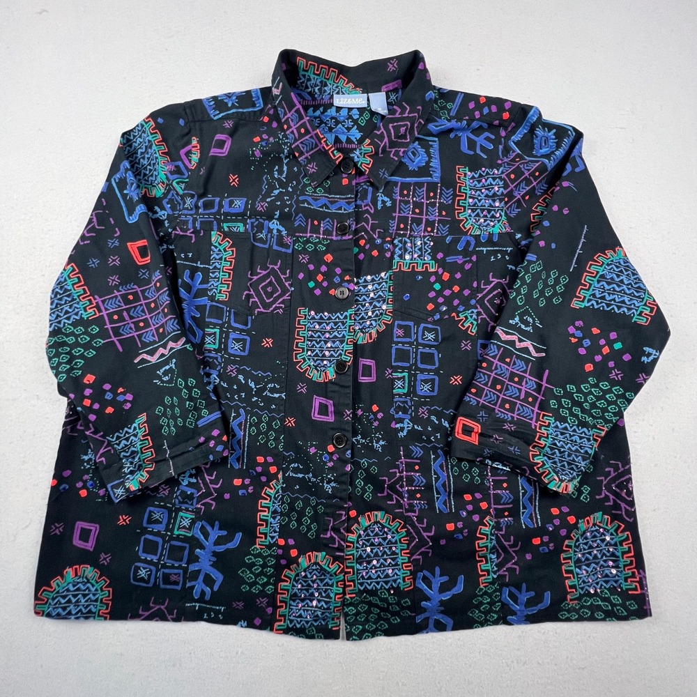 Liz & Me Button Down Shirt Women 3X Black Geometric Tribal Sequin Cotton Top